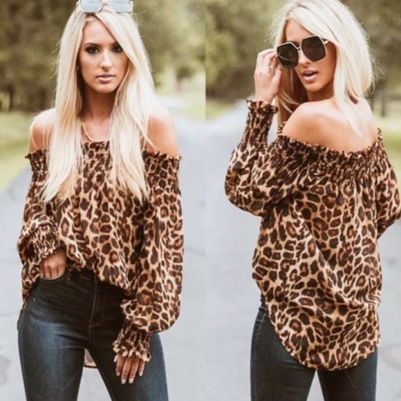 Bohemian Brown Leopard Print Off Shoulder Sheer Blouse - Picture 2 of 4